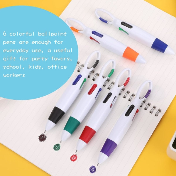 6 stk. Retractable Shuttle Penner med Karabinkrok, 4-i-1 Kulspisser Multicolor Penner med Spenne Nøkkelring på Toppen