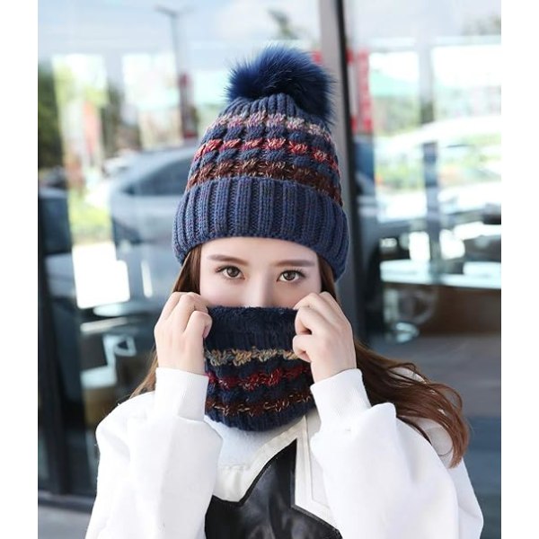 Vinterstrikket lue- og skjerfsett for kvinner, beanie med pompom Navy Blue