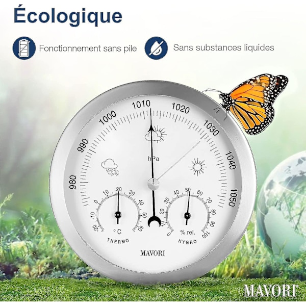 Analogt innendørs/utendørs værbarometerstasjon med ramme i rustfritt stål Inkluderer barometer, hygrometer og termometer Flere farger tilgjengelig White