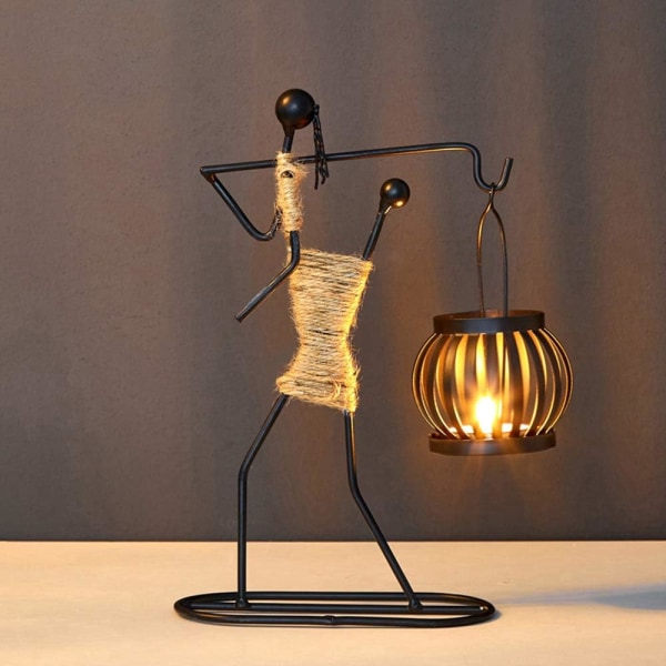 2st ljusstakar för bord, retro svart järn värmeljusstakar Vintage ljusstake stativ liten flicka formad med hampa rep Design (C)