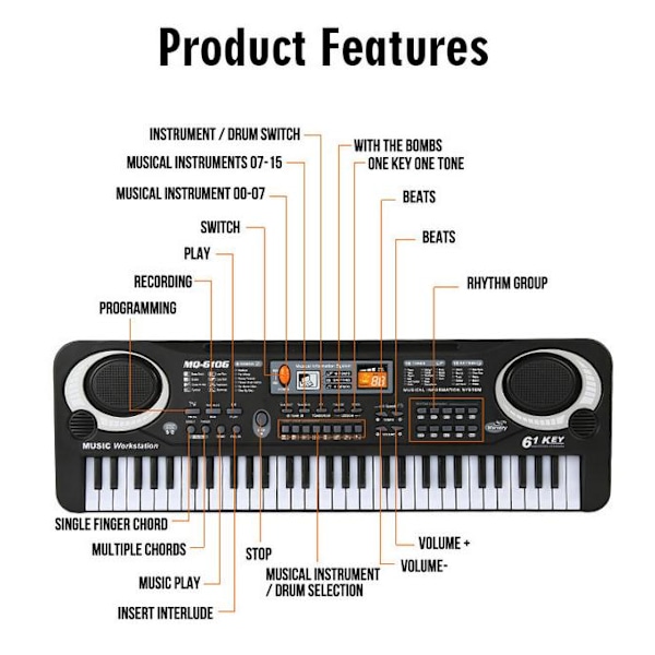 Elektroniskt piano för barn, musikaliskt instrument med 61 tangenter, multifunktionell pedagogisk leksak med mikrofon