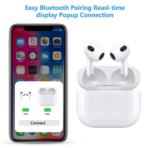 Trådløs opladningsetui-erstatning kompatibel med AirPods 3. generations opladningsetui med hurtig opladning og Bluetooth-parrings-synkroniseringsknap (hvid)