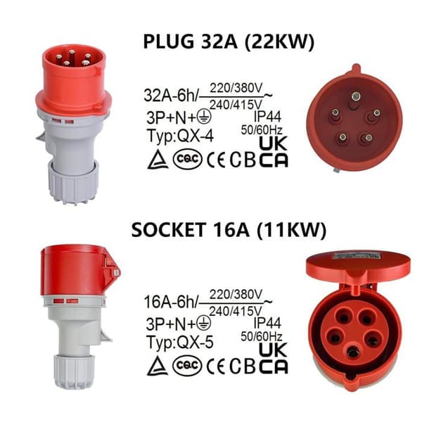 CEE-adapter 32A plugg til 16A stikkontakt med beskyttelsesdeksel, trefaset, 5-pinners, (32-16)