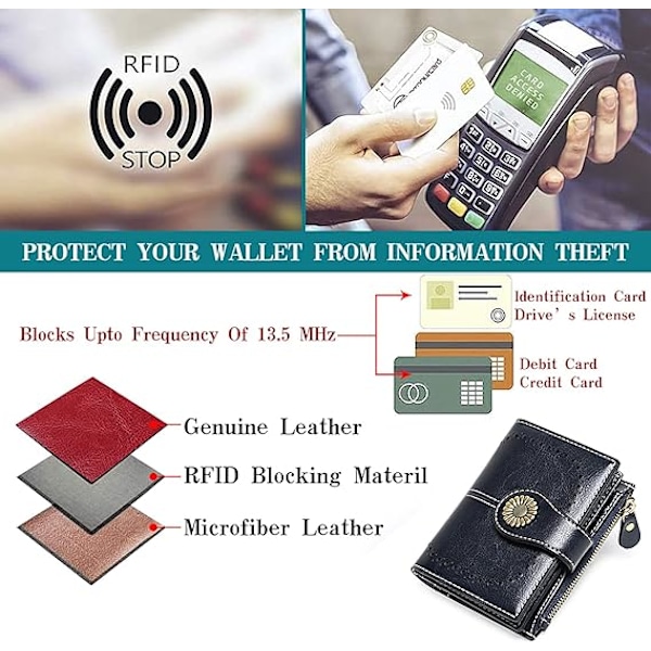 Vikbar Plånbok Kortfodral Äkta Läder RFID-Blockerande Plånbok för Kvinnor med 16 Kortfack dark Blue