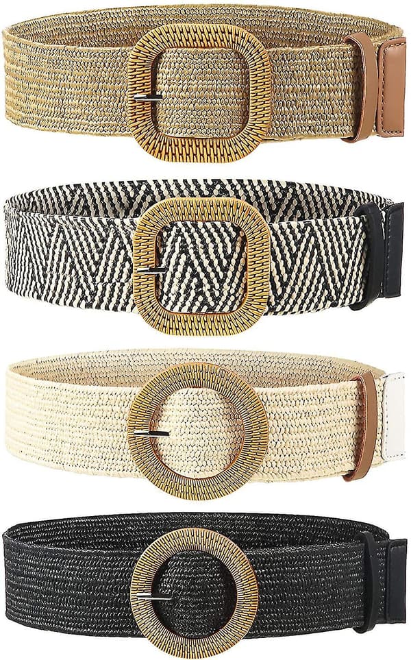 4 stycken halmvävda elastiska stretchbälten för kvinnor, smala klänningsbälten i trälook med spänne, midjeband