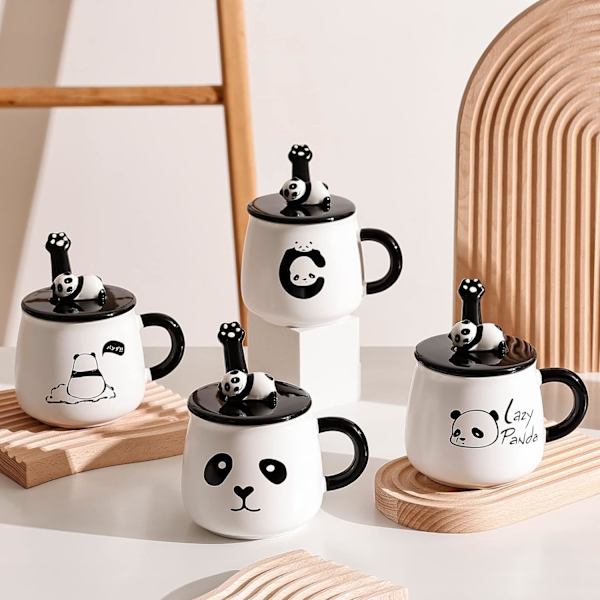 Søt keramisk kaffekopp med lat panda, 3D panda-lokk og skje, 3D panda kaffekopp, krus, nyhet kaffekopp, tekopp, melkekopp, gaver