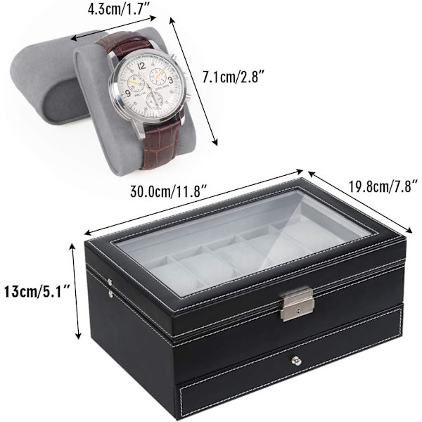 Klocklåda, 12 fack dubbelskikts klocklåda premium display hantverk, lyxig förvaringsorganisatör, elegant organisatör för smycken, armband, halsband, svart