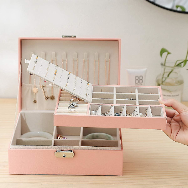 Rejse Smykkeæske, PU Læder Lille Smykke Organizer Til Kvinder Piger, Dobbelt Lag Portabel Mini Rejseetui Display Opbevaring Holder Æsker Til Stud E