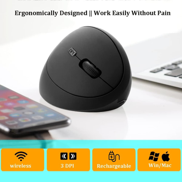 Ergonomisk Mus, Trådlös Mus Uppladdningsbar Vertikal Mus med USB-mottagare, 2.4GHz Trådlös Mus, 6 Knappar, Justerbar DPI 800/1200/1600 Black