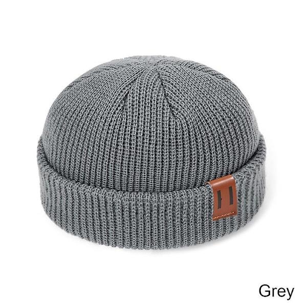 Mænd Kvinder Mode Vinter Strikket Beanie Hat Unisex Skullies Cap Hip-hop Cuffed Kort Cap Bonnet Varmt Ribbet Fisker Docker Hatte Gray