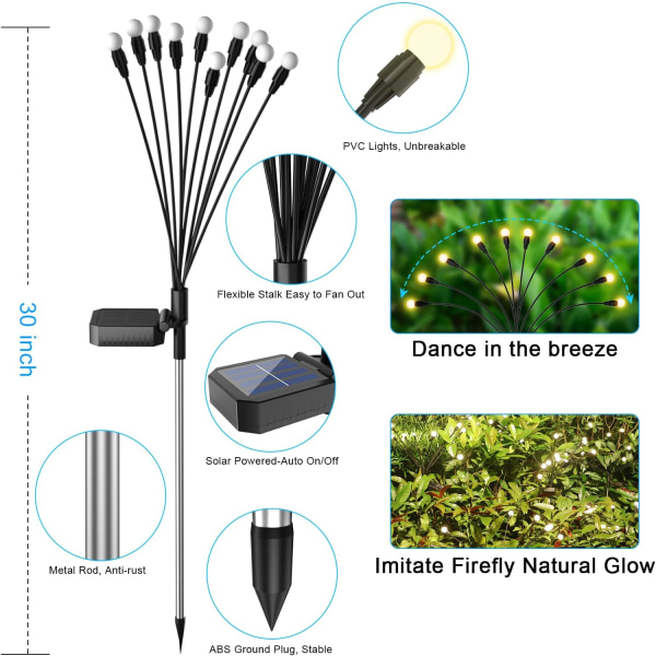 Solcelledrevne hagedekorasjonslys 2-pakning, 10 LED solcelledrevne ildfluelys, solcelledrevne utendørslys vanntett, solcelledrevne ildfluelys, ildfluehagedekorasjonslys