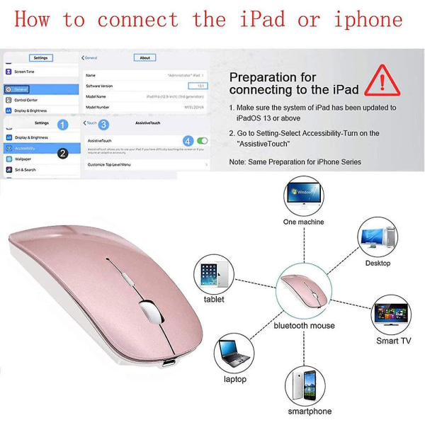 Bluetooth-mus, trådlös mus för Macbook Pro, Bluetooth-mus för bärbar dator, PC-dator (roséguld)