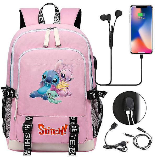Anime Stitch  Filmer Usb Laddning Ryggsäck Skolväska Grundskolan Mellanstadiet Pojkar Flickor Stor Kapacitet Bokväska Hög Kvalitet style 3