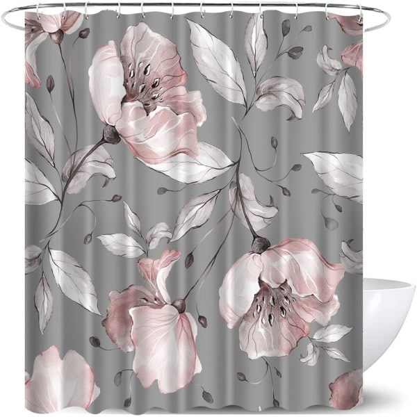 Elegant Pink Floral Shower Curtain Grå Blad Floral Grå Fabric S