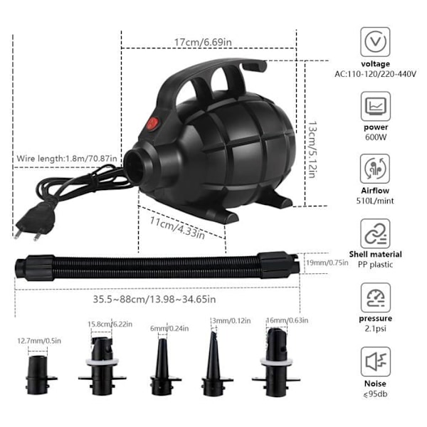 Elektrisk pumpe, 600W elektrisk luftpumpe med 5 dyser