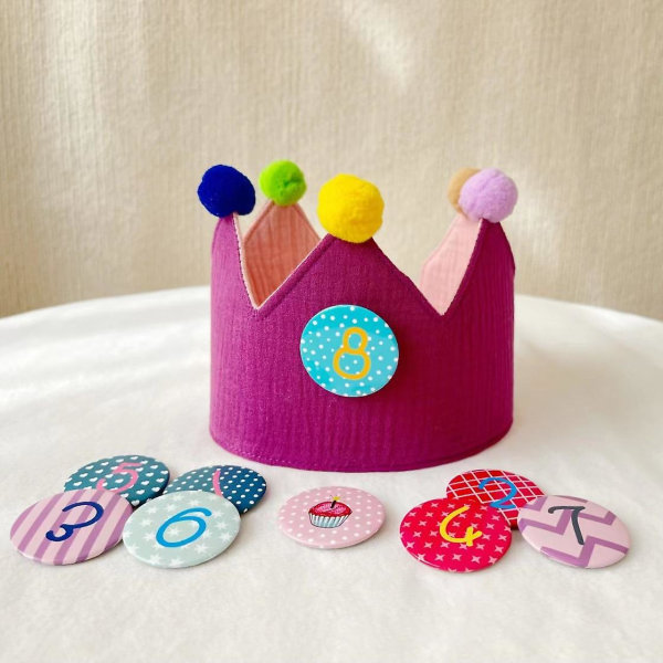 Pappersdrake Födelsedagskrona Muslin Med Siffror För Barn Födelsedag Krona Tillverkad Av Muslin Tyg Med Knappsiffror Från 1-8 Festdekoration Hatt Purple