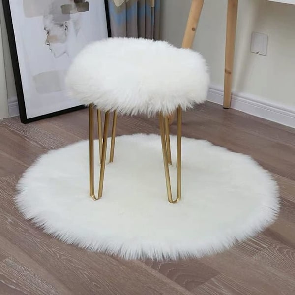 Faux pels saueskinnstil teppe, Faux fleece stoltrekk seteunderlag myk fluffy shaggy teppe for soverom sofa gulv (rund hvit, 45 x 45 cm) Round White 45 x 45 cm