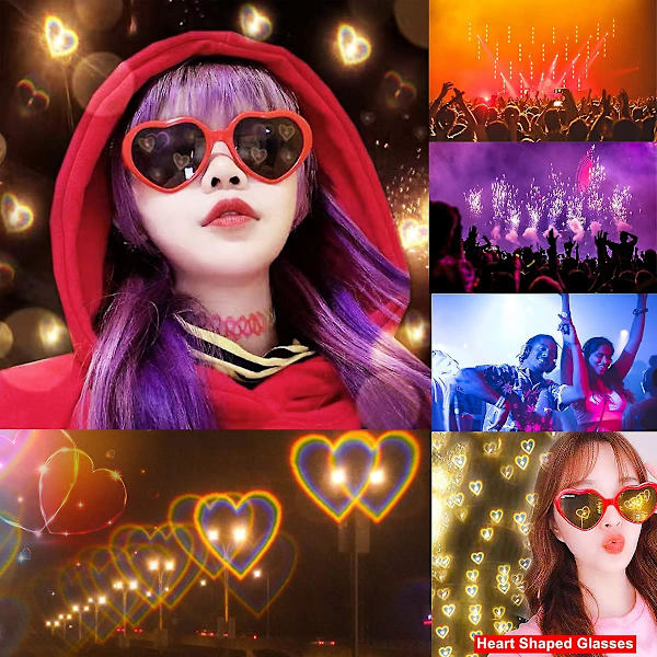Hjärtformade solglasögon med hjärteffekt, diffraktionsglasögon, festivalaccessoarer, festglasögon, kärleksgåva, UV400-skydd