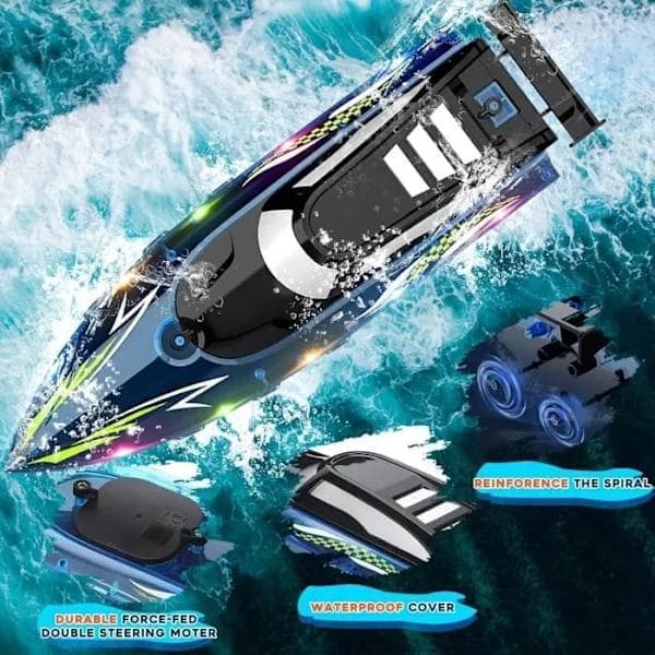 Fjärrkontrollbåt, 2,4 GHz RC höghastighetsracingbåt med LED-lampor, för barn och vuxna, pool, sjö, flod, blå