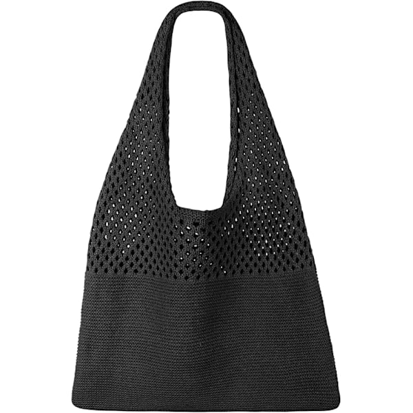 Heklet strandveske i mesh, sommerferie estetisk strikket boho skuldertaske til kvinner Black