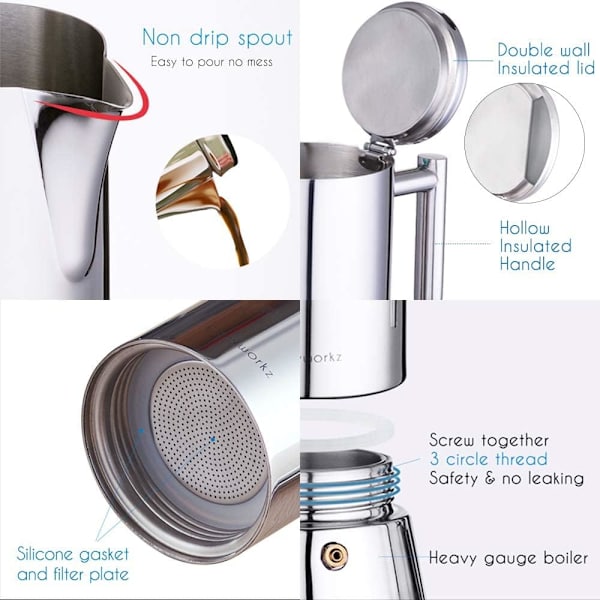Easyworkz Espressomaker for Komfyr i Rustfritt Stål - Italiensk Kaffemaker - Induksjons Moka Pot 6Cup 10oz