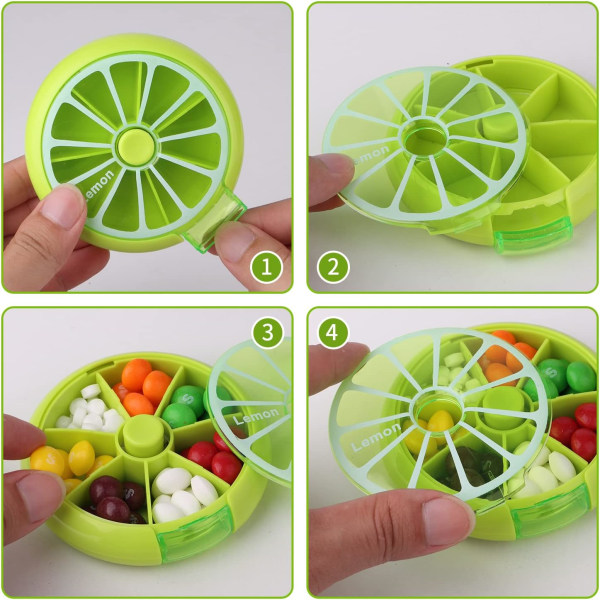 Creative Portable Mini 7-dagers ukentlig sirkulær form Roterende søt fruktstil pilleoppbevaringsboks (sitrongrønn）