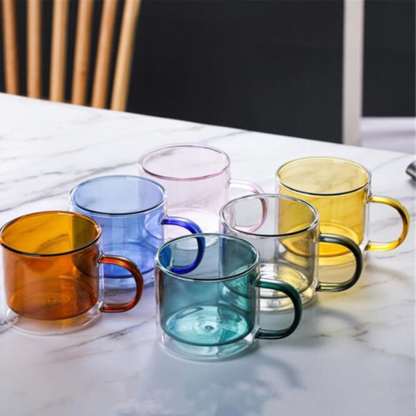 Dubbelväggig glasvattenkopp isolerade glas färgglada 250 ml muggar Transparent 250ml