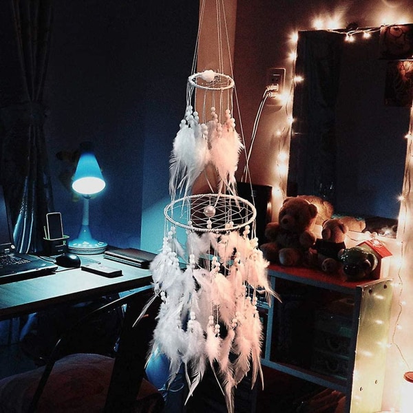 Drømmefanger dekoration med varm led lyskæde til at hænge op, varmt hvidt varmt lys, hvid/pink Warm Light