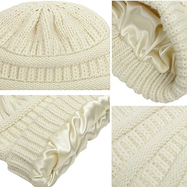Vintervarm Strikket Hat med Satinforing Kabelstrikket Beanie Chunky Slouchy Skull Cap til Kvinder Beige