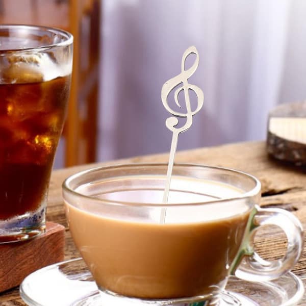 Kaffeskeer, 6 stk. søde teskeer i rustfrit stål, formet som noder (3 noder + 3 guitarer)