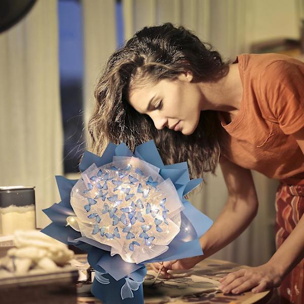 Hårband Nya 52pc Fjärilar Blombukett Presentset Med Led-Ljus Stora Presentidéer För Alla Hjärtans Dag, Födelsedag, Bröllopsdag, Förlovning One Size Blue