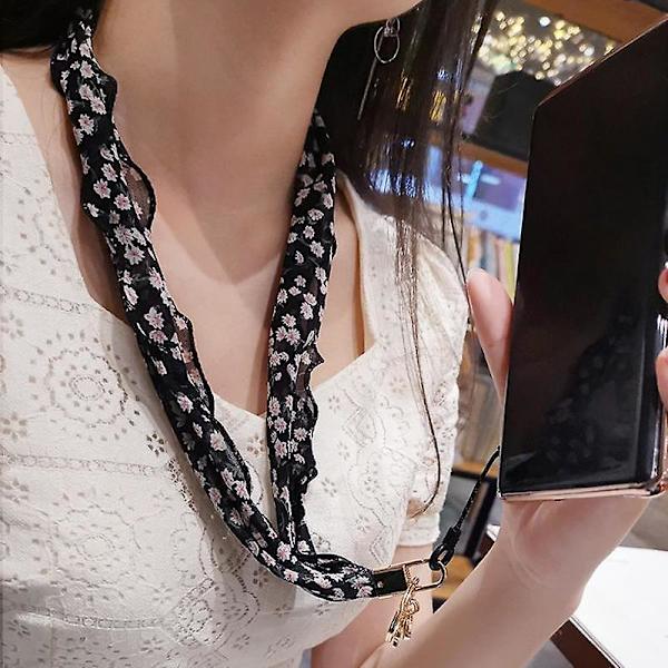 Blommig chiffong silkescarf stil telefon lanyard metallhänge nyckelring telefonhalsband Beige