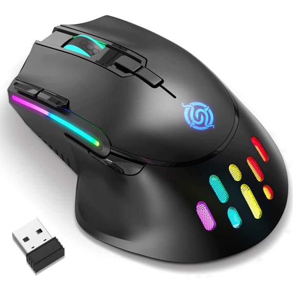 Trådløs spillmus, kablet og trådløs dobbel modus Oppladbar RGB spillmus med 9 knapper, ergonomisk og 3 justerbare DPI (svart)