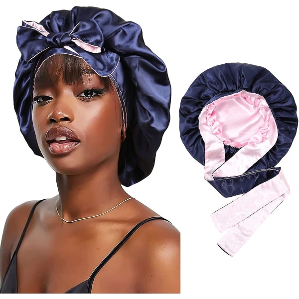 Satin Bonnet Silk Sleep Cap Hiushupit mustille naisille Joustava solmionauha hiuksille Navy Blue and Pink