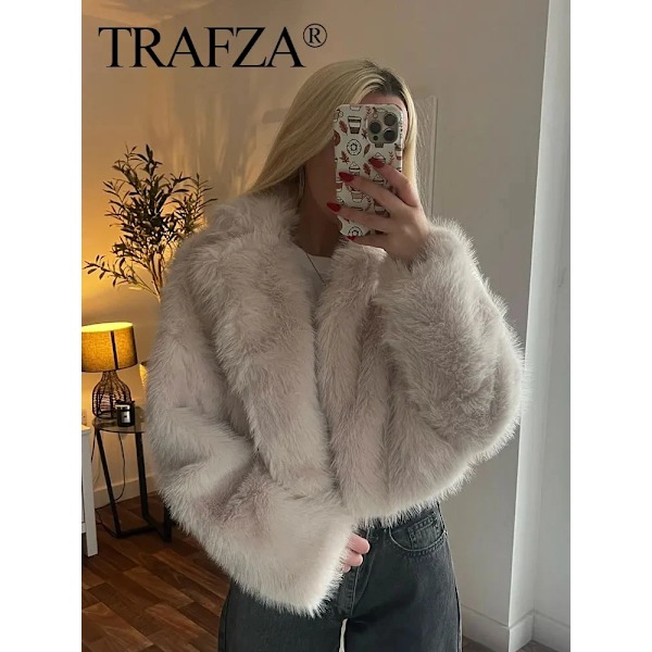 TRAFZA - Kvindes kort jakke i kunstig læder, tyk og varm langærmet frakke, ensfarvet, elegant, trendy, vinter Beige White XS