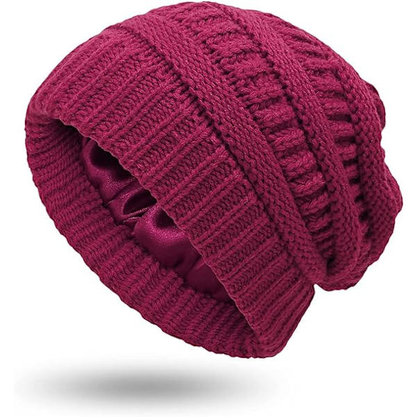 Vintervarm Strikket Hat med Satinforing Kabelstrikket Beanie Chunky Slouchy Skull Cap til Kvinder Wine Red