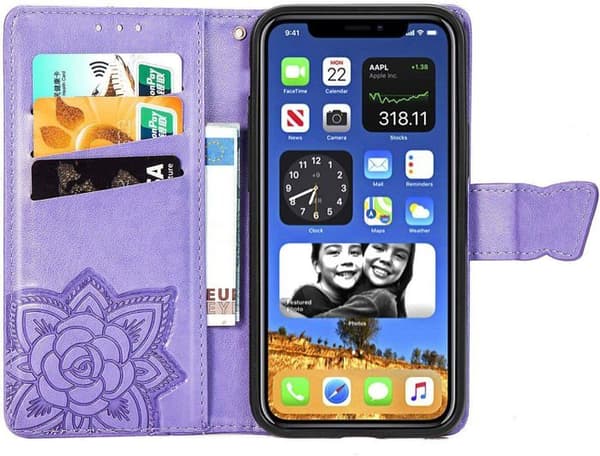 Stødresistent flipcover i syntetisk læder til iPhone, med kortlomme og præget sommerfugledesign, lyslilla