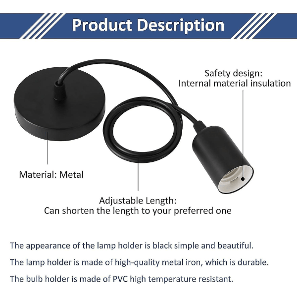 2 kpl E27-metalliriipusvalaisinta, säädettävä kaapeli 100 cm, E27-riipusvalaisimen pidike, E27-riipusvalaisimen ripustusvarusteet, kattovalaisimiin, olohuone, musta