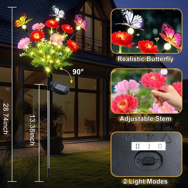 Udendørs solcelleblomsterlys til haven, 2-pak solcelleblomsterlys med sommerfugledesign, IP65 vandtætte LED-solcellelys, dekoration