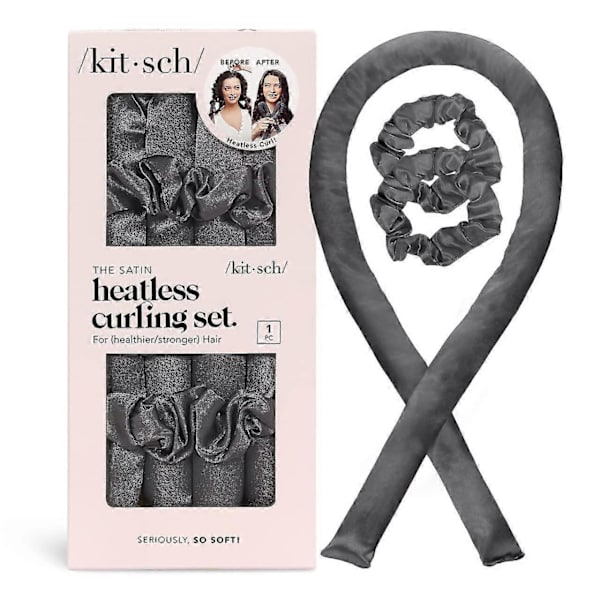 Kitsch Satin Heatless Curling Set - Hårullers för värmefria lockar | Värmefria hårcurlers & varmrullar | Hårcurlers att sova i | Värmefria lockar Charcoal