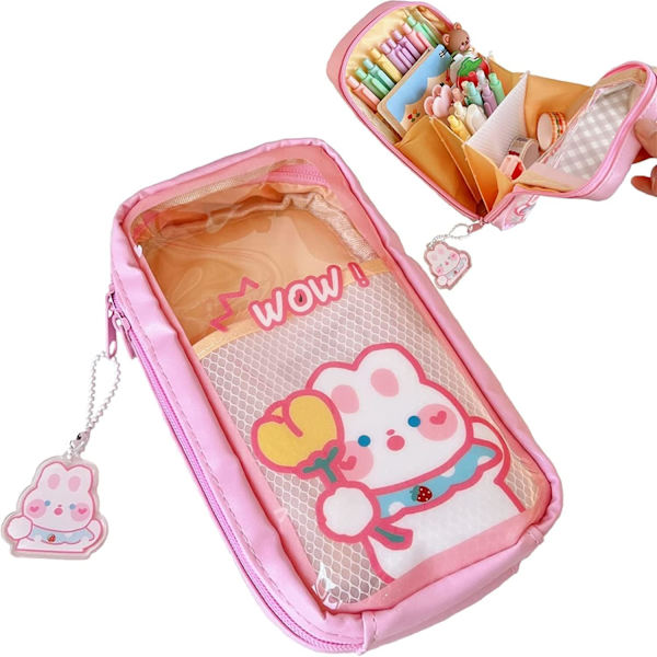 Kawaii kynäkotelo - Söpö kynäkotelo estetiikkaa tytöille, suuri kapasiteetti kynäkotelo kestävä laukku, koulu tarvikkeet teini-ikäisille, mahtuu yli 60 kynää Pink Rabbit