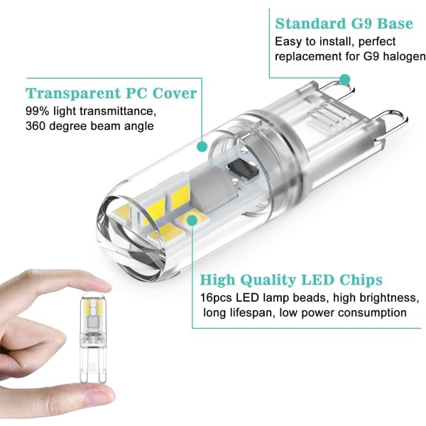 G9 LED-lampor 1,5W Motsvarar 20W Halogen Cool White Light 6000K, AC 220-240V, Ej dimbar, Minilampa, flimmerfri, paket med 10-WELLNGS