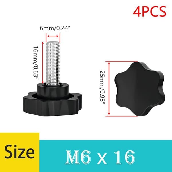 4 stk. stjerneformede strammeknotter i plast M6x16mm, riflede skruer for manuell festing
