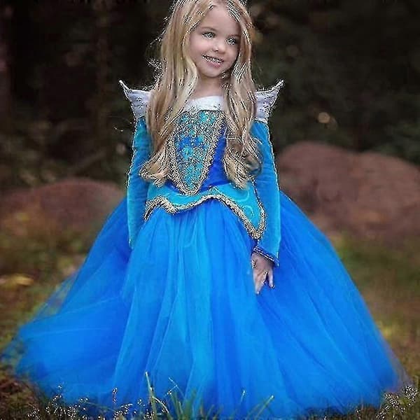 Aurora Törnrosa Party Prinsessklänning Flickor Maskeradklänning Blå 6-7 År