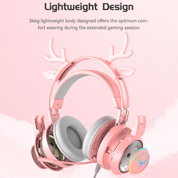 SY-G25 hovedtelefoner med ledning High Fidelity støjreducerende Farverigt lys tegneseriehjorte 3,5 mm spil tabsfri ørestykke til computer Pink