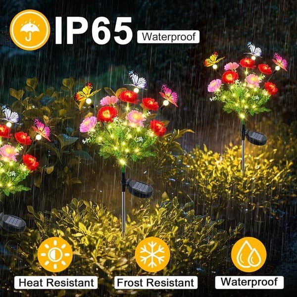 Udendørs solcelleblomsterlys til haven, 2-pak solcelleblomsterlys med sommerfugledesign, IP65 vandtætte LED-solcellelys, dekoration
