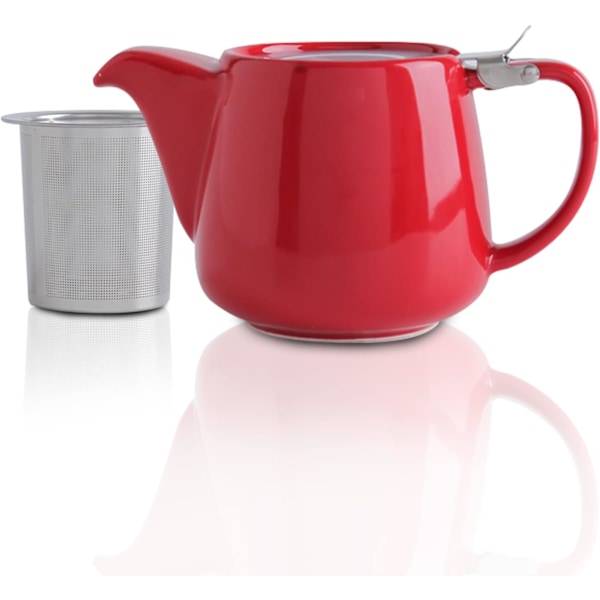 Porcelæns tekande med SLS låg og aftagelig si, 550 ml/18,6 oz keramisk stub tekande til blomstrende og løs te Red