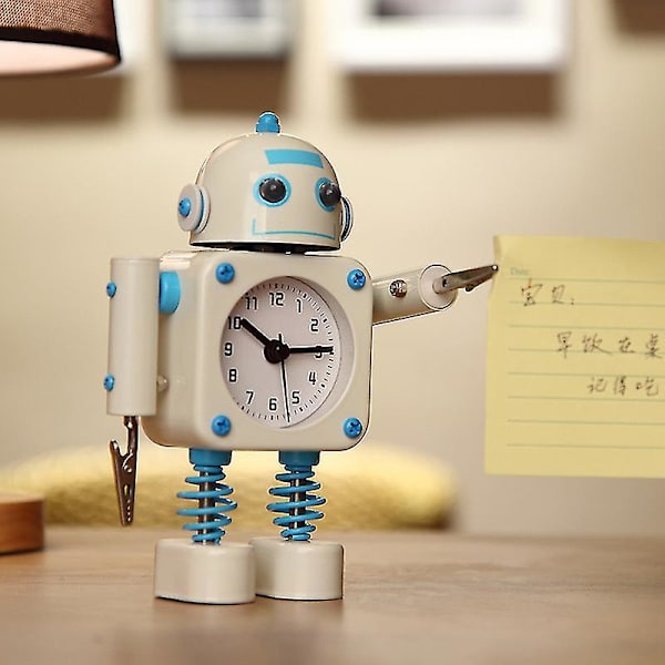 Robottihälytyskello, ruostumattomasta teräksestä valmistettu hiljainen herätyskello, jossa glitterisilmät ja heilurivarsi, lasten lahja White
