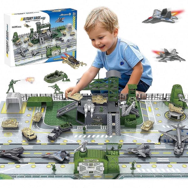 Militærlegesæt til børn med militærbase, tank, fly, helikopter og soldater til 3-årige
