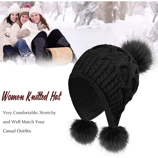 Strikket lue for kvinner Varm lue lue med Pom Pom Bobble lue stil med vindtette øreklaffer (svart)